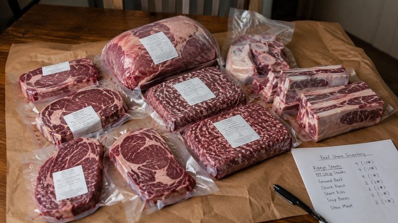 Vacuum-sealed beef share cuts with inventory list