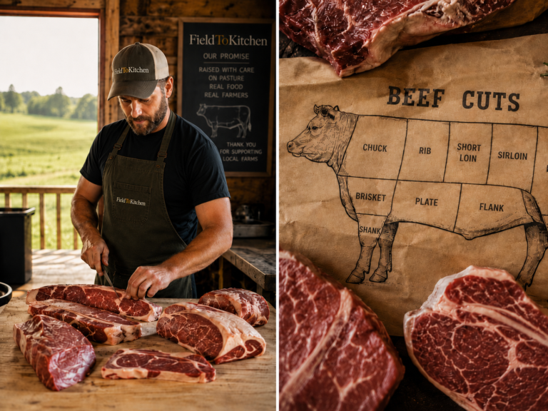 A butcher slicing several raw beef steaks on a wooden table beside a diagram showing the main beef primal cuts, including chuck, rib, short loin, sirloin, brisket, plate, flank, round, and shank.