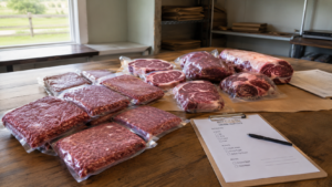 A farm-direct beef share displayed on a wooden table with packaged steaks, roasts, and ground beef next to a cut sheet and clipboard.
