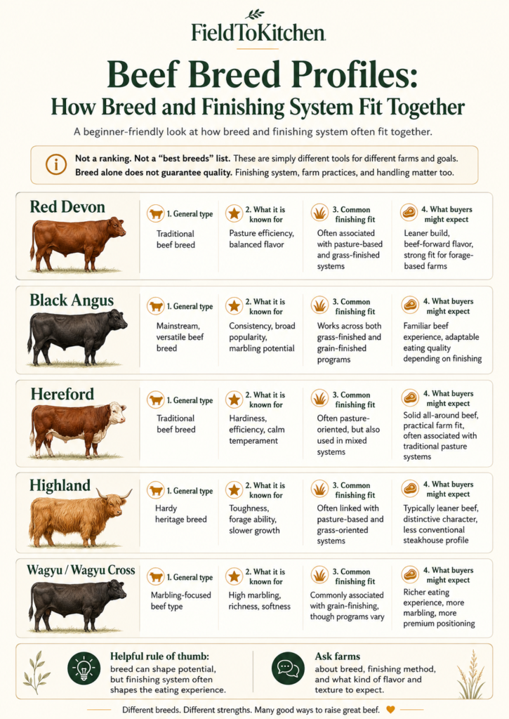 Infographic profiling Red Devon, Angus, Hereford, Highland, and Wagyu cattle and showing how breed can relate to grass-finishing or grain-finishing systems.
