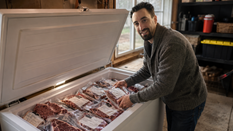 Me reaching into chest freezer full of frozen beef