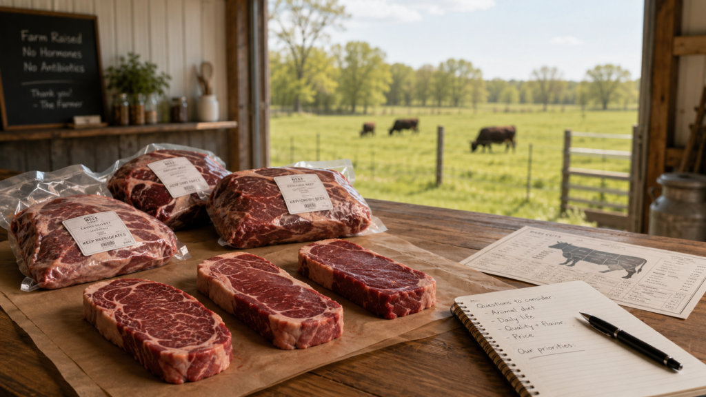 Packaged beef and steaks arranged in a farm-direct setting, illustrating a guide to grass-fed, grass-finished, and grain-finished beef.