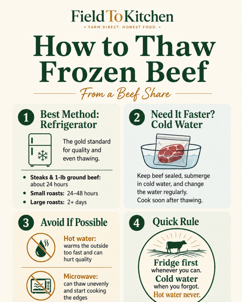 Infographic showing the different ways to defrost steak and others cuts of beef with refrigerator being the best and cold water suitable when you need it fast.