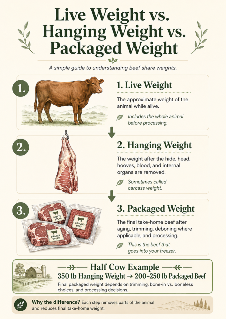 Infographic explaining live weight, hanging weight, and packaged weight in a beef share, showing how beef weight changes from the live animal to final packaged cuts.