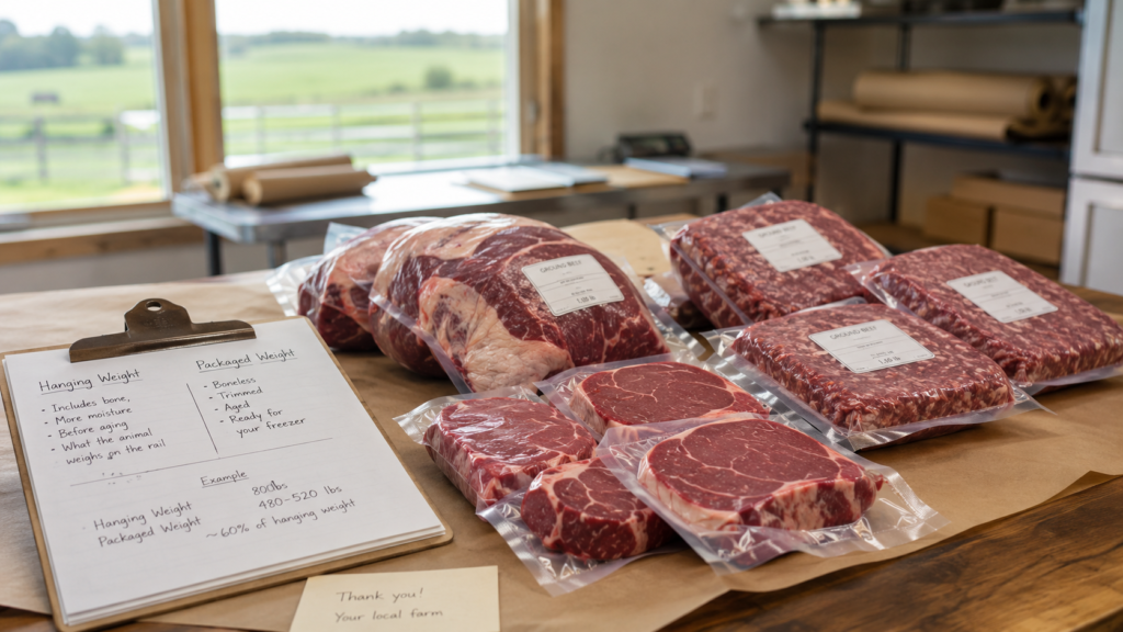 Packaged steaks, roasts, and ground beef arranged on a table beside a clipboard and order notes for a beef share purchase.
