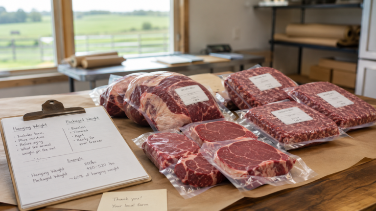 Packaged steaks, roasts, and ground beef arranged on a table beside a clipboard and order notes for a beef share purchase.
