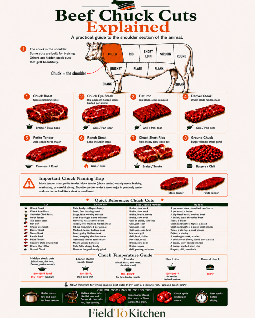 Beef chuck cuts infographic showing the eight main shoulder cuts, their cooking methods, a quick reference table, and a temperature guide.