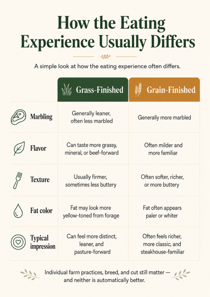 Infographic comparing grass-finished and grain-finished beef by marbling, flavor, texture, fat color, and typical eating experience.