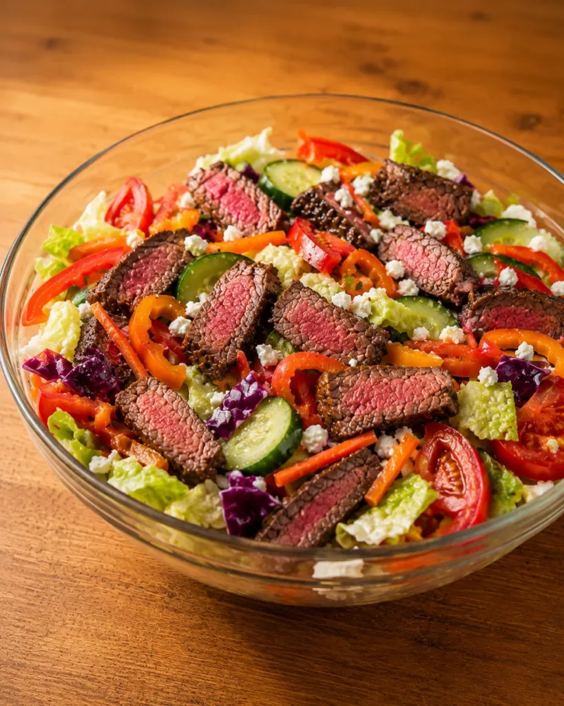 Glass bowl filled with salad, feta cheese, and flat iron steak